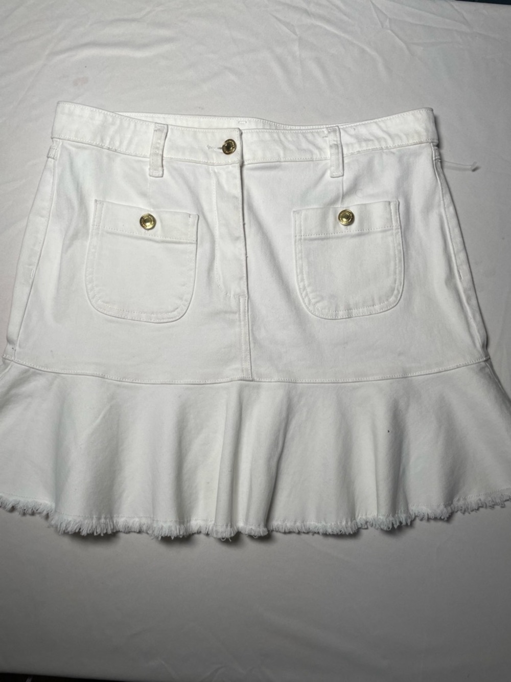 Michael Kors White Denim Mini Skirt with Frayed Ruffle Hem